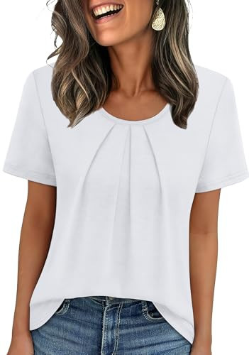 WIHOLL White Tops for Women Short Sleeve Shirts Dressy Casual Loose Fit Beach Vacation Clothes Spring Summer Outfits Pleated Front Plain Hem Blouses White S | Amazon (US)