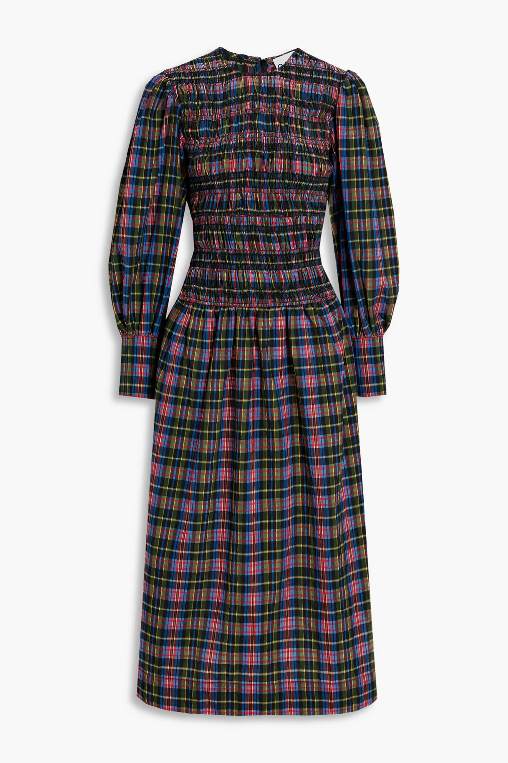 Shirred checked cotton-blend seersucker midi dress | The Outnet (US and CA)