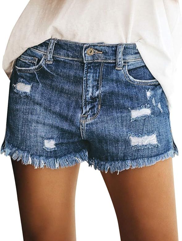 luvamia Women's Casual Denim Shorts Frayed Raw Hem Ripped Jeans Shorts | Amazon (US)