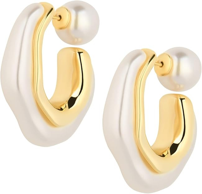 HETICA Chunky Gold Hoop Earrings, 14k Gold Plated Pearl Hoop Earrings for Women, Pearl Drop Earri... | Amazon (US)