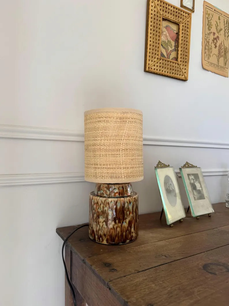 Handglazed Crystalline Ceramic Bedside Lamp With Raffia Shade - Mocha Flow - Etsy | Etsy (US)