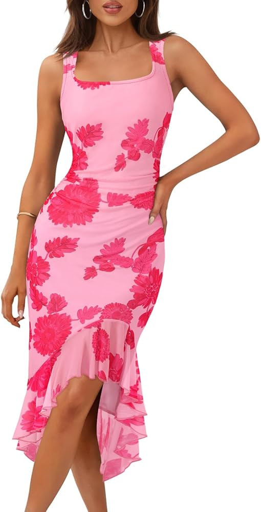 MEROKEETY Women's 2026 Summer Floral Bodycon Dress Square Neck Sleeveless Ruffle Cocktail Mesh Be... | Amazon (US)