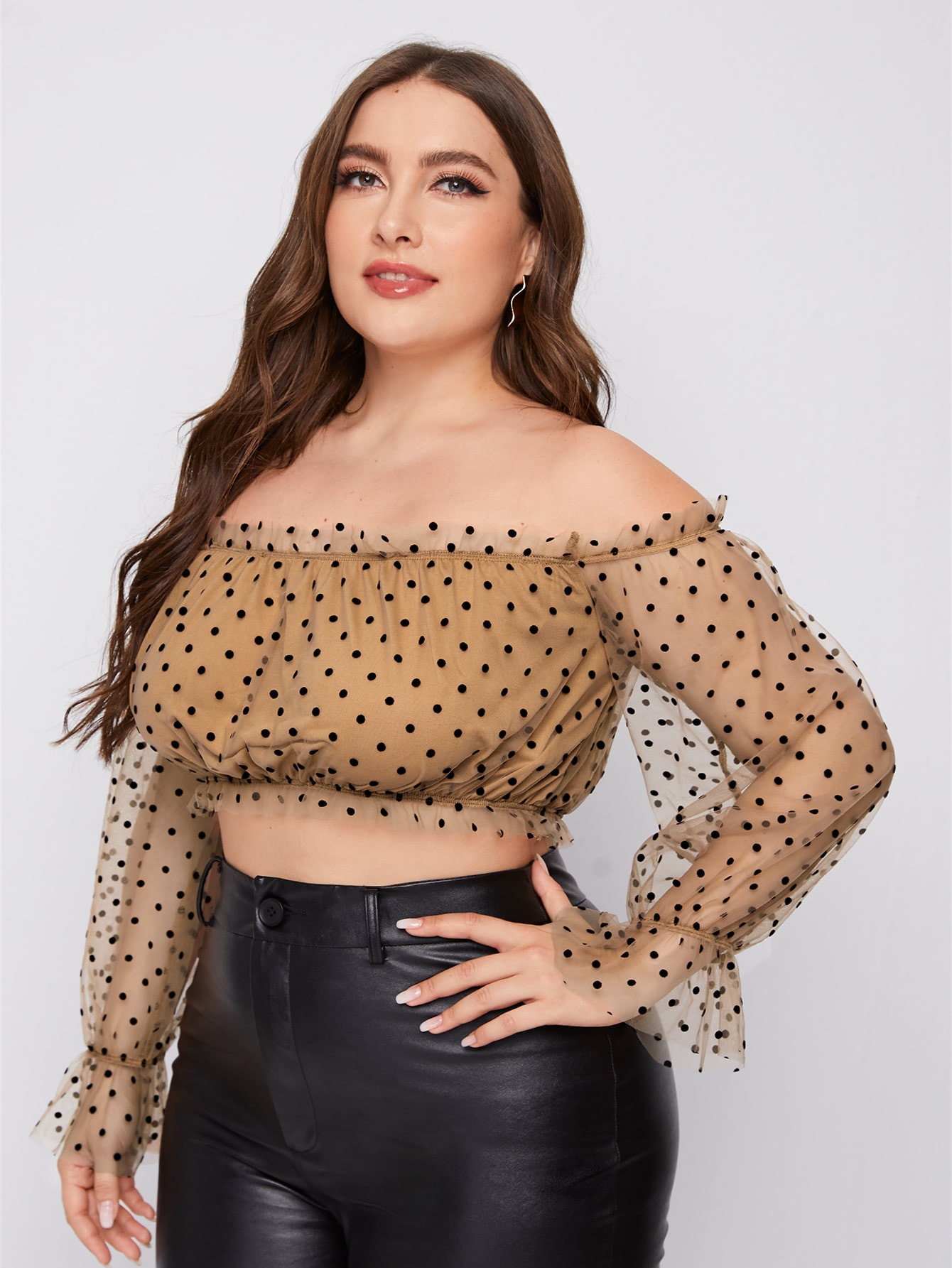 SHEIN Plus Off Shoulder Ruffle Trim Swiss Dot Mesh Top | SHEIN