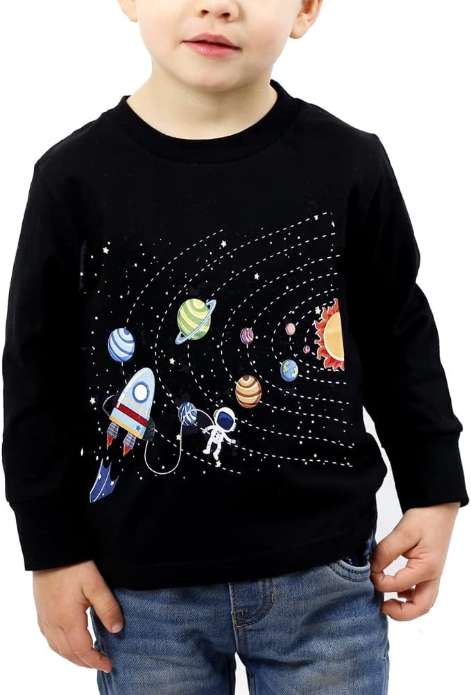 Toddler Boy Long Sleeve Shirts Kids Pullover Top Planet Dinosaur Tractor Cotton Graphic T-Shirt | Amazon (US)