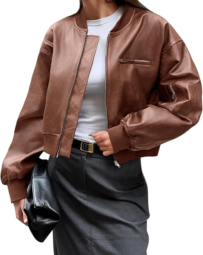Womens Faux Leather Bomber Jackets Baseball Collar Zip Up Cropped Biker Coat with Pockets | Amazon (US)