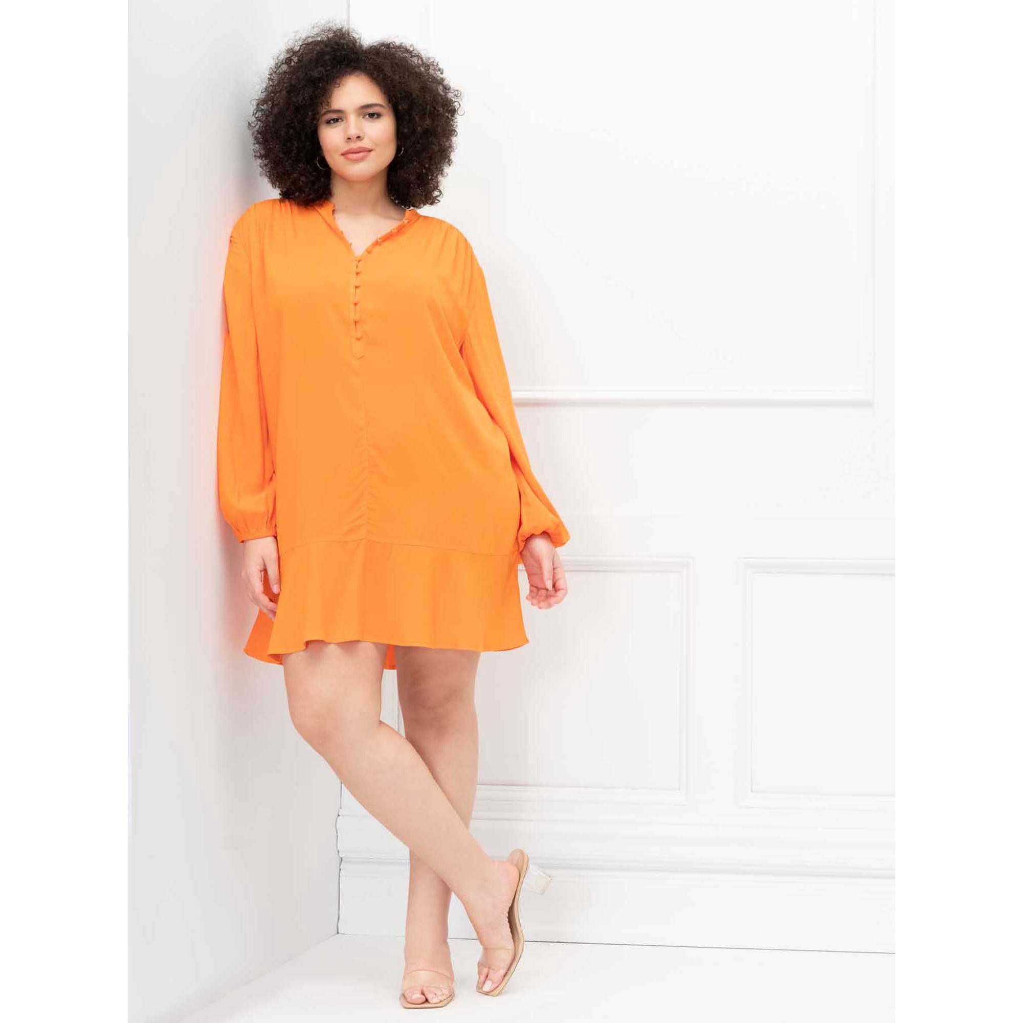 ELOQUII Elements Women's Plus Size Long Sleeve Placket Front Shift Dress | Walmart (US)