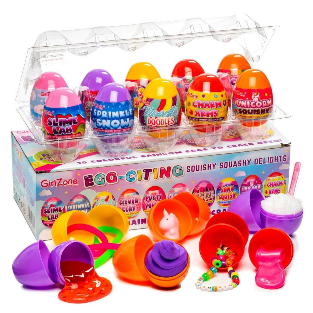 GirlZone Egg-Citing Squashy Delights, 10 Prefilled Easter Eggs with DIY Slime, Putty, Clay, Unicorn Squishy & Charm, Sensory Sur | Oriental Trading Company