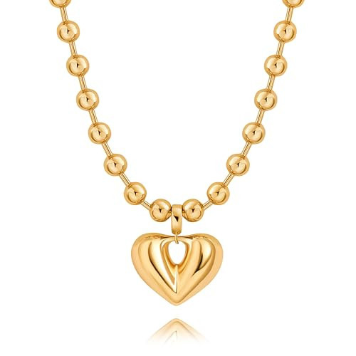 PERNNLA PEARL 18K Gold Heart Pendant Necklace Dainty Chunky Gold Bead Necklace for Women Trendy Cute Heart Charm Necklace | Amazon (US)