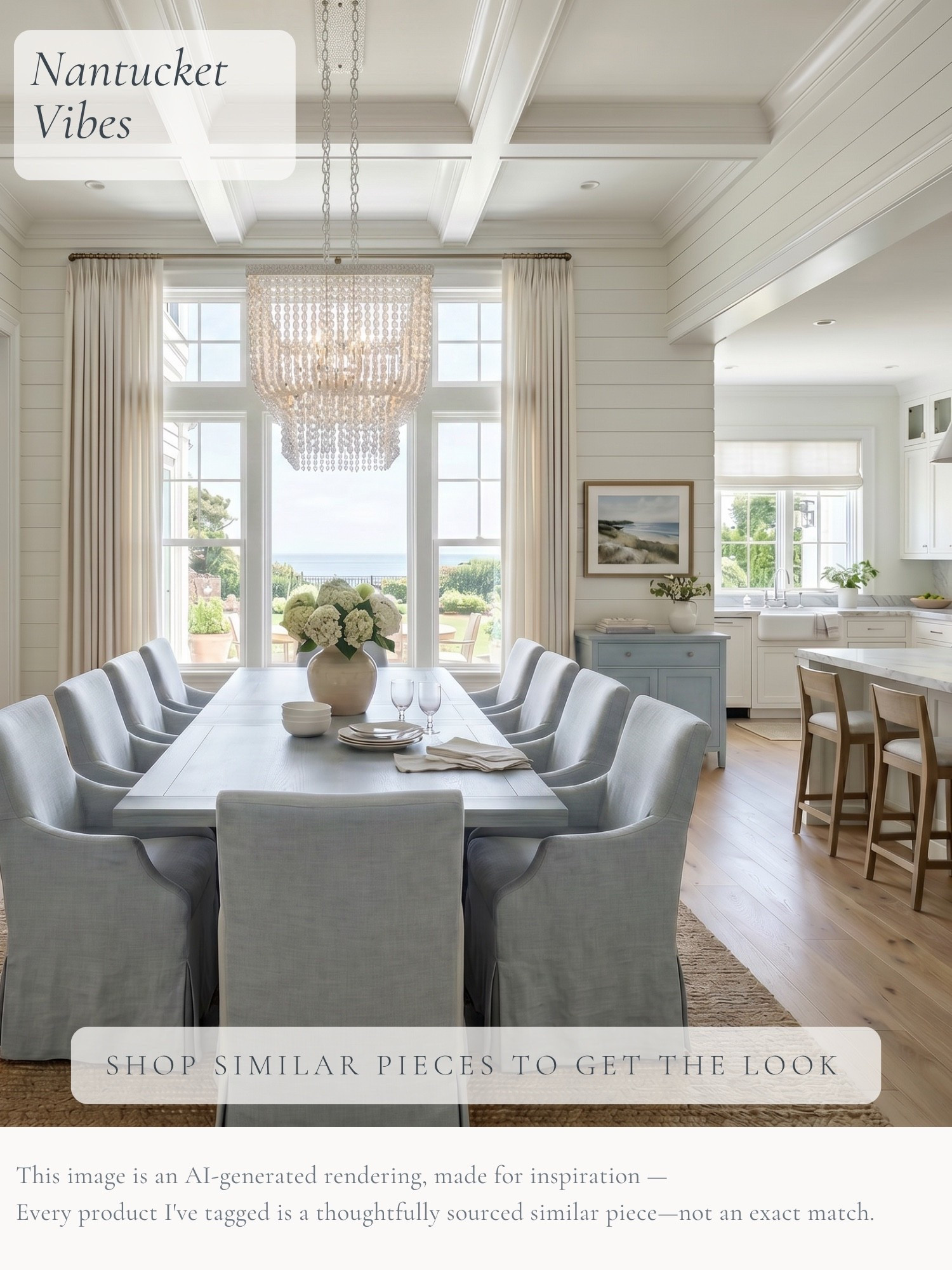 This is coastal style at its best—light, relaxed, and still completely timeless. 🤍 Soft blue slipcovered chairs, warm wood floors, crisp white walls, and an oversized chandelier give this dining room that effortless Nantucket feel without leaning too nautical.

I love how the statement lighting dresses up an otherwise simple, comfortable space. I’ve tagged thoughtfully sourced similar pieces to help you get the look at home.

AI-generated design concept for inspiration • Tagged products are thoughtfully sourced similar pieces, not exact matches • Affiliate links may be used. As an Amazon Associate, I earn from qualifying purchases.

#LTKHome