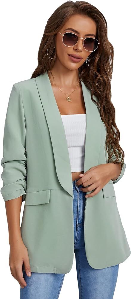 WDIRARA Women's Open Front Ruched Half Sleeve Blazer Elegant Office Work Jacket Mint Green S | Amazon (US)