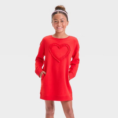 Girls' Long Sleeve French Terry 'Heart' Valentine's Day Dress - Cat & Jack™ Red XL | Target