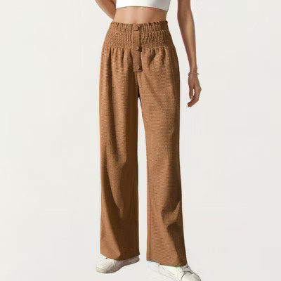 Anna-Kaci Women's Textured Knit Pants with Wide Leg Silhouette and Stretch Waistband Featuring Decorative Button Front Detail - Small, Brown | Target