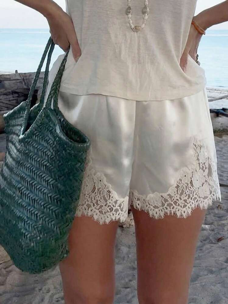 Women Satin Silk Shorts Lace Trim Patchwork Mini Micro Shorts Silky Low Rise Coquette Lounge Slip Bottoms Y2k Summer Wide Leg Lounge Shorts For Streetwear | SHEIN