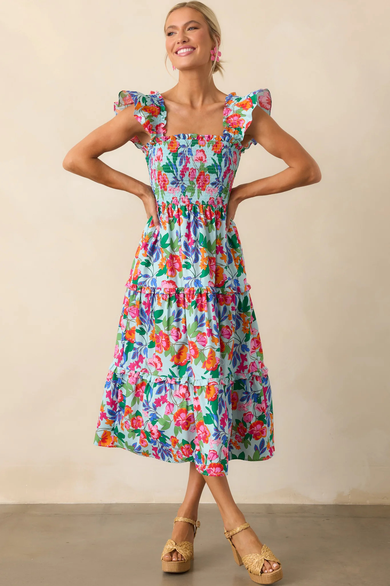 Life In Full Bloom Light Blue Floral Cotton Midi Dress | Red Dress