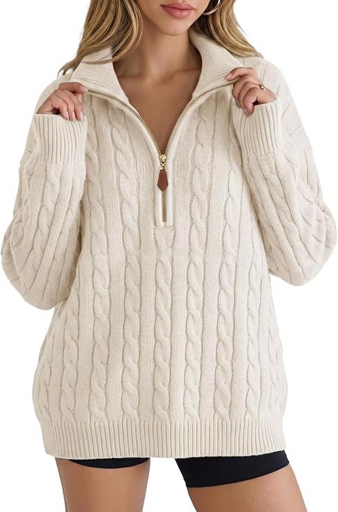 Fisoew Womens Sweaters Quarter Zip Ribbed Cable Knit Pullover Tops 2026 | Amazon (US)