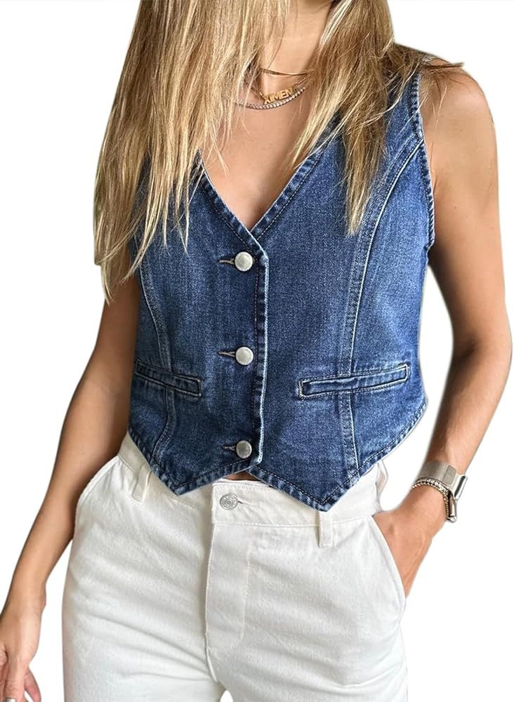 Imily Bela Womens Denim Vest Sleeveless V Neck Button Down Jean Waistcoat Jacket Y2K Summer Crop ... | Amazon (US)