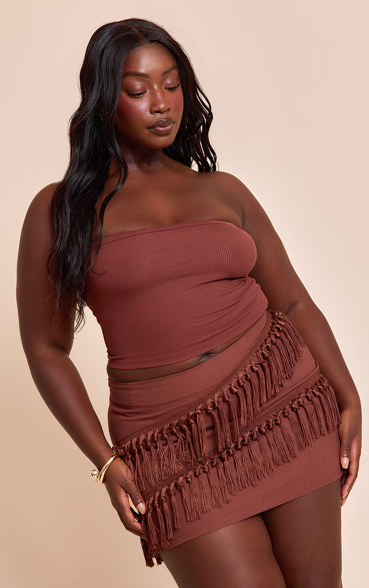 Plus Chocolate Linen Tassle Detail Mini Skirt | PrettyLittleThing US