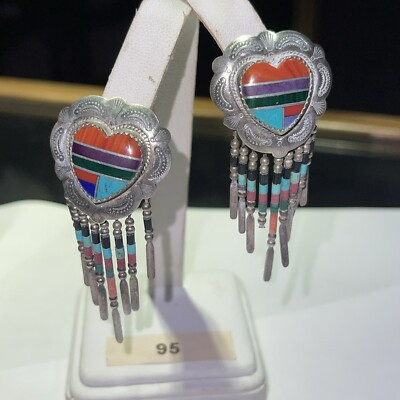 QT Carolyn Pollack 925 Sterling silver Heart Concho Inlay feather earrings  | eBay | eBay US