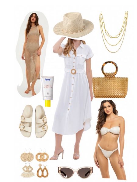 Vacation vibes- spring break beach or pool must haves! | swimsuits | cover up | sunglasses | woven hand bag!