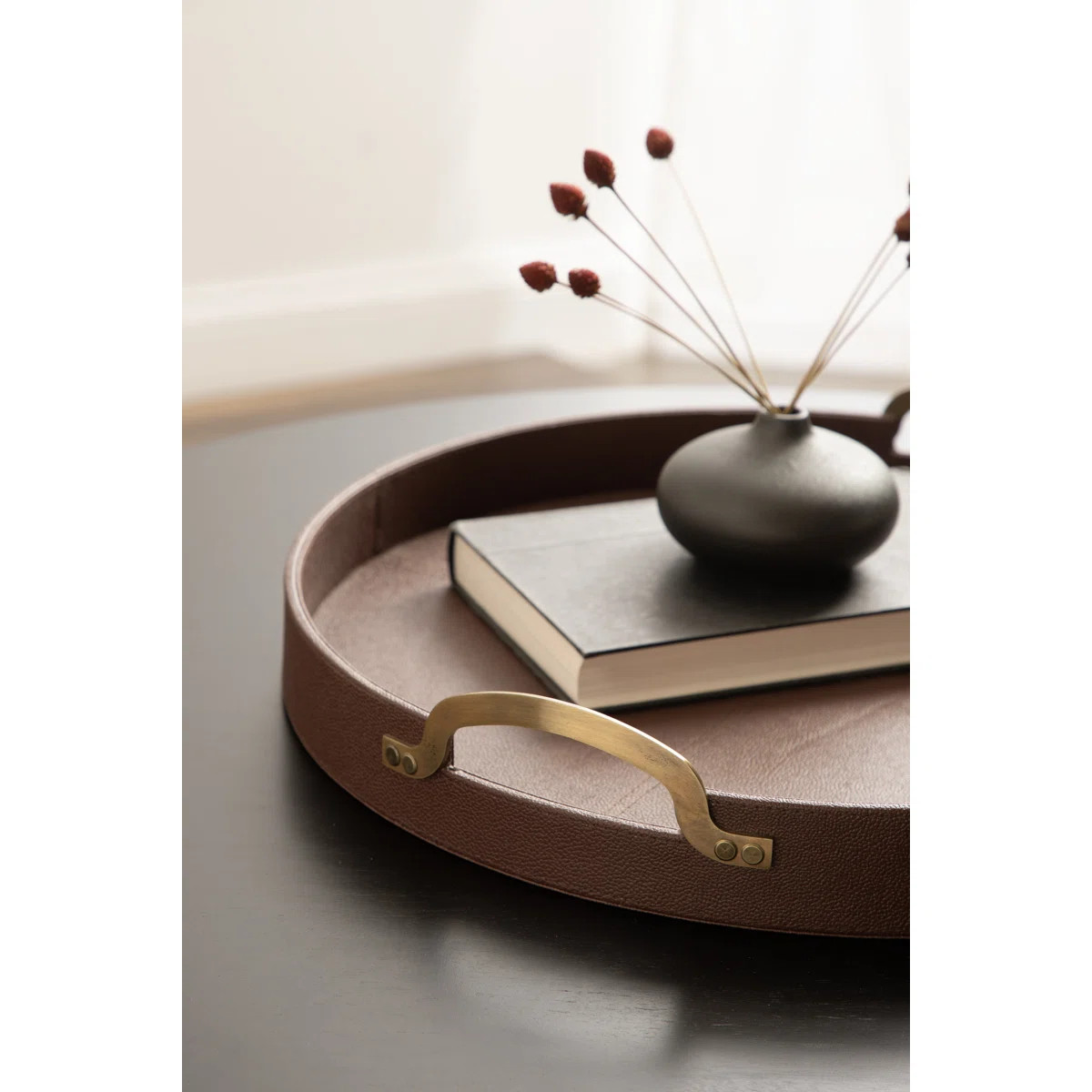 Round Vegan Leather Tray with Handles | Wayfair North America
