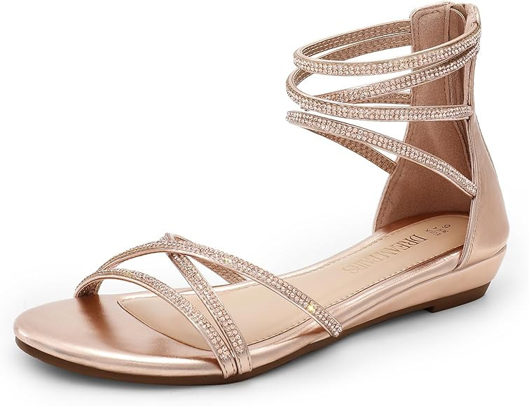 DREAM PAIRS Women's Ankle Strap Flat Sandals Summer Dressy Strappy Gladiator Rhinestones Sandals | Amazon (US)