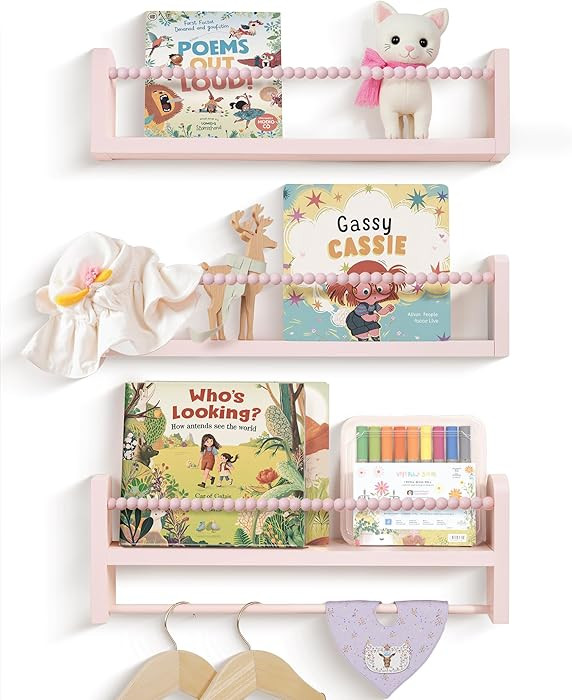 Nursery Book Shelves for Wall Set of 3, Pink Natural Wood Bookshelf Wall Decor, Small Floating Sh... | Amazon (US)