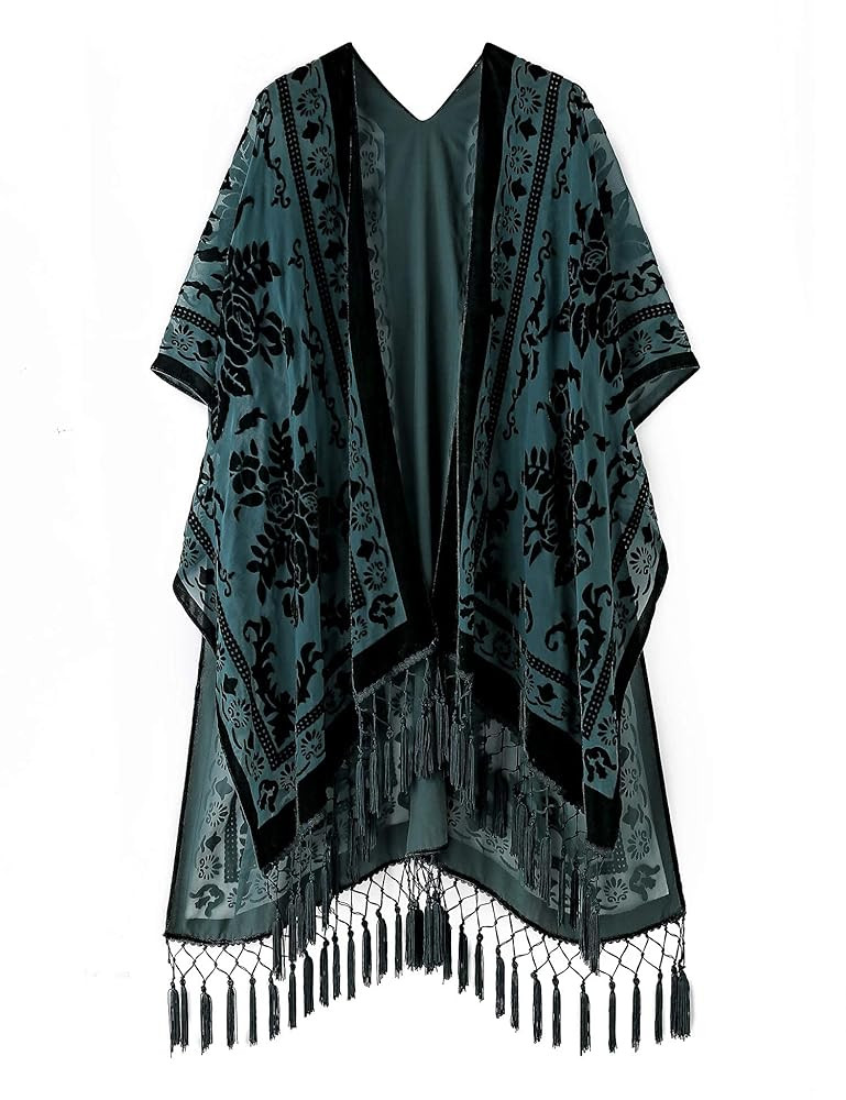 MJ SERECA Women's Burnout Velvet Kimono Long Cardigan Cover Up with Tassel | Amazon (US)
