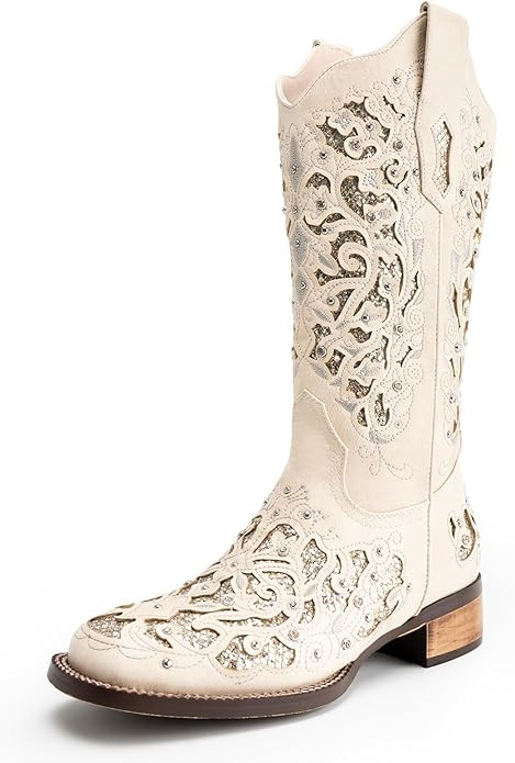 GORBINETI Glitter Inlay Rhinestones Cowgirl Cowboy Boots Sparkly Wedding Boots Embroidered Square... | Amazon (US)