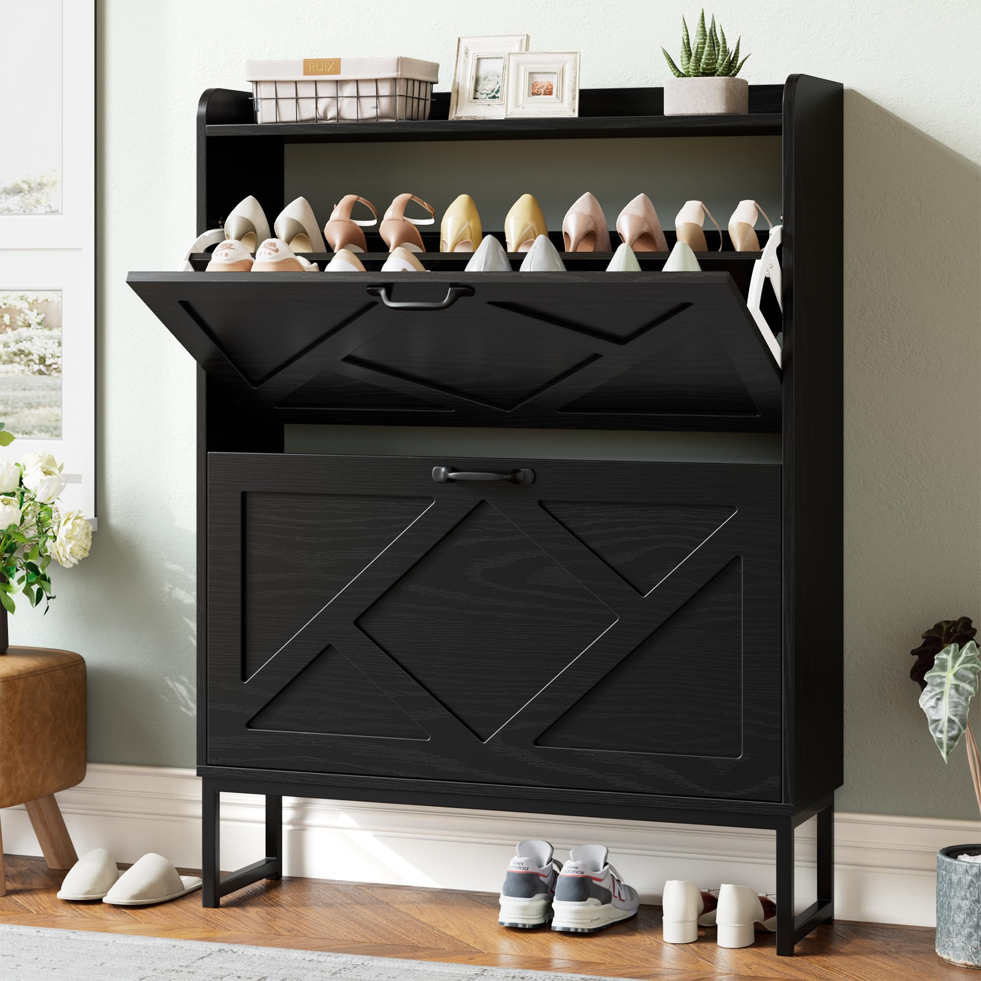 Nicetree Shoe Storage Cabinet with 2 Flip Drawers, Freestanding Shoe Organizer, Shoe Cabinet with... | Amazon (US)