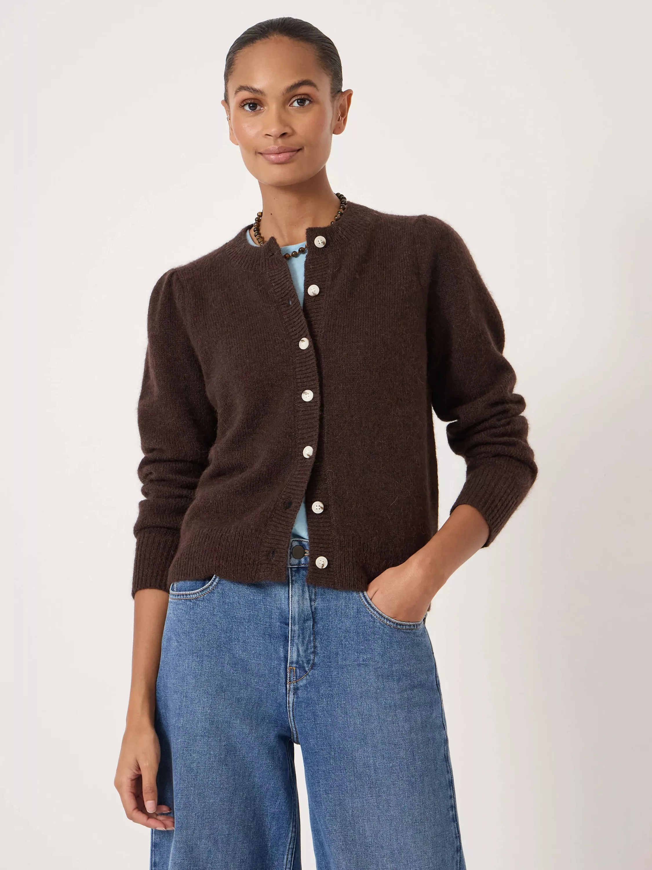 HUSH Puff Shoulder Wool Rich Cardigan, Dark Brown | John Lewis (UK)