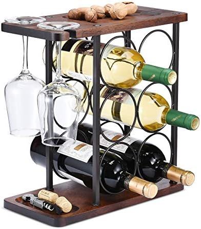 Wine Rack with Glass Holder, Countertop Wine Rack, Wooden Wine Holder with Tray, Perfect for Home... | Amazon (US)