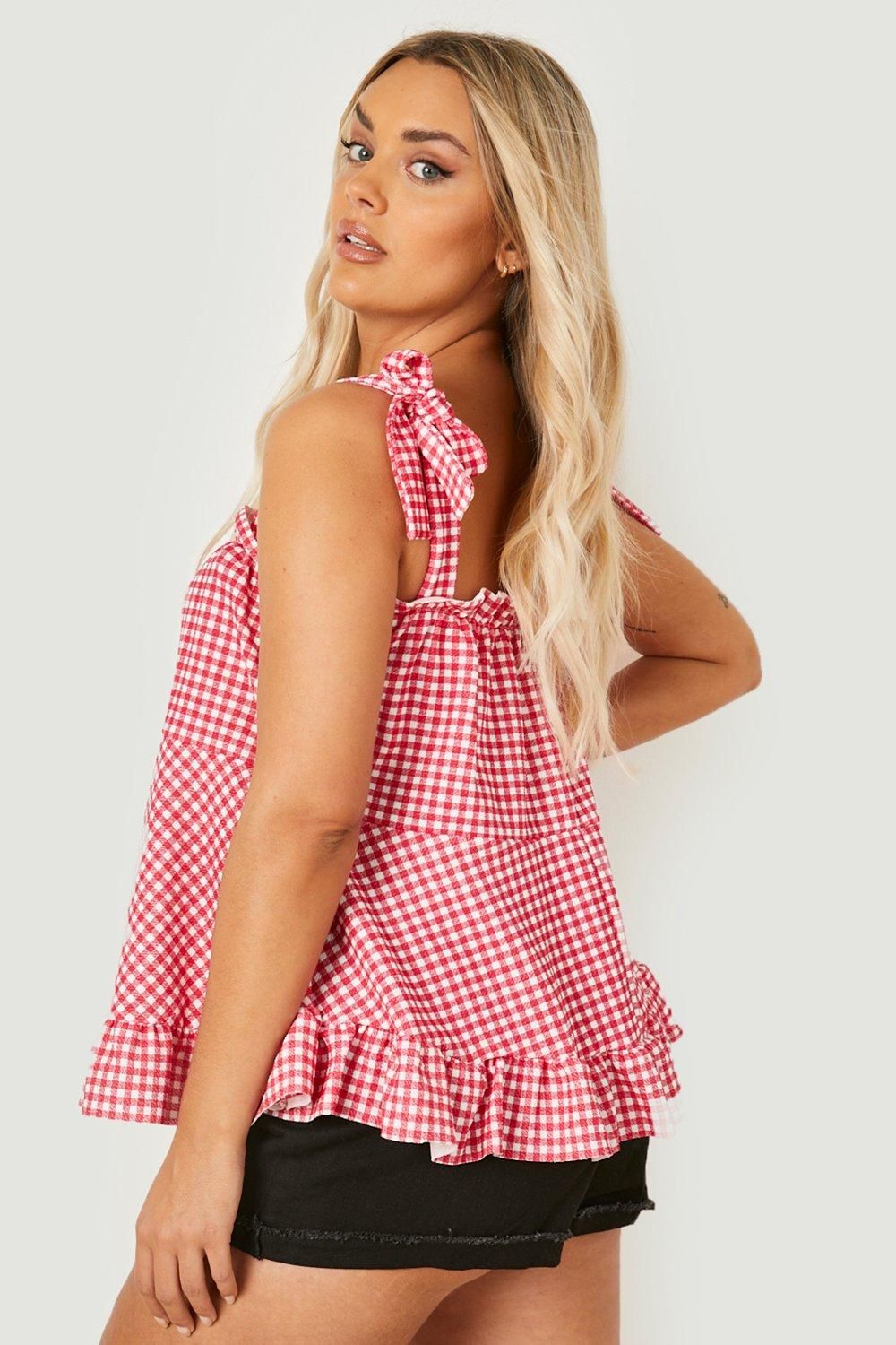 Red Plus Gingham Frill Detail Top | Boohoo.com (UK & IE)