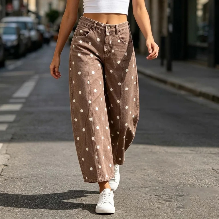 Dot Barrel Jeans for Women Elastic High Waisted Wide Leg Y2K Vintage Baggy Streetwear Denim Pants... | Walmart (US)