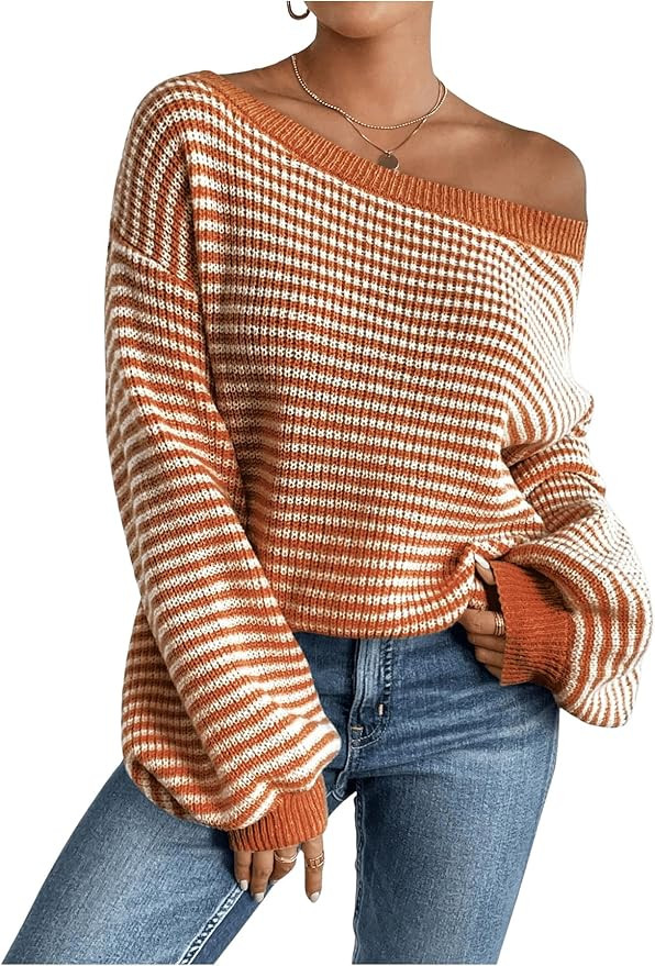 SOLY HUX Women's Off The Shoulder Striped Sweaters Oversized Long Sleeve Knit Pullover Tops | Amazon (US)