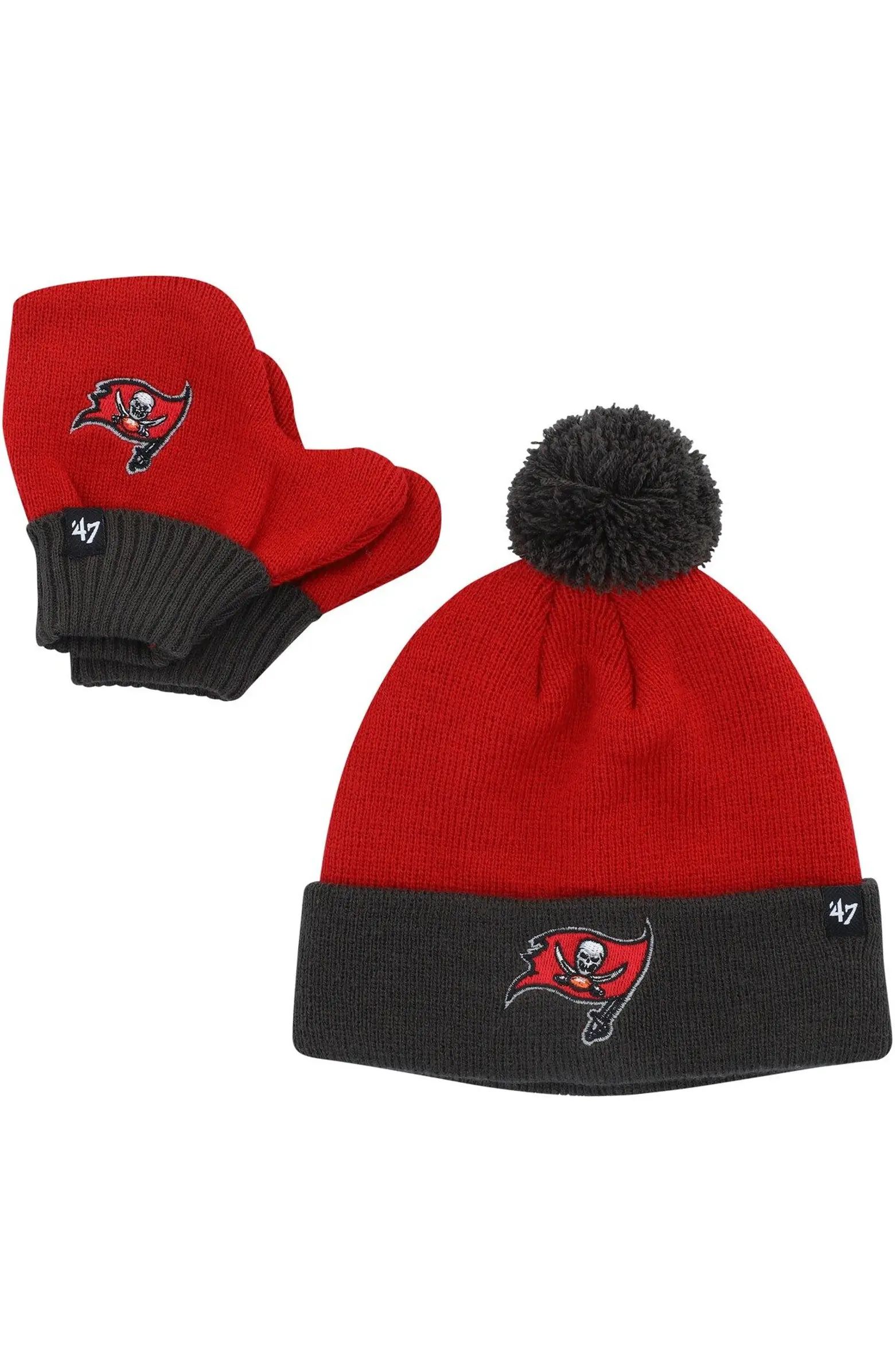 Infant '47 Red/Pewter Tampa Bay Buccaneers Bam Bam Cuffed Knit Hat with Pom and Mittens Set | Nordstrom