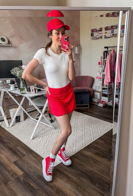 Tennis skirt - on sale + under $30!

Summer outfit // athletic outfit // white bodysuit // red converse sneakers 