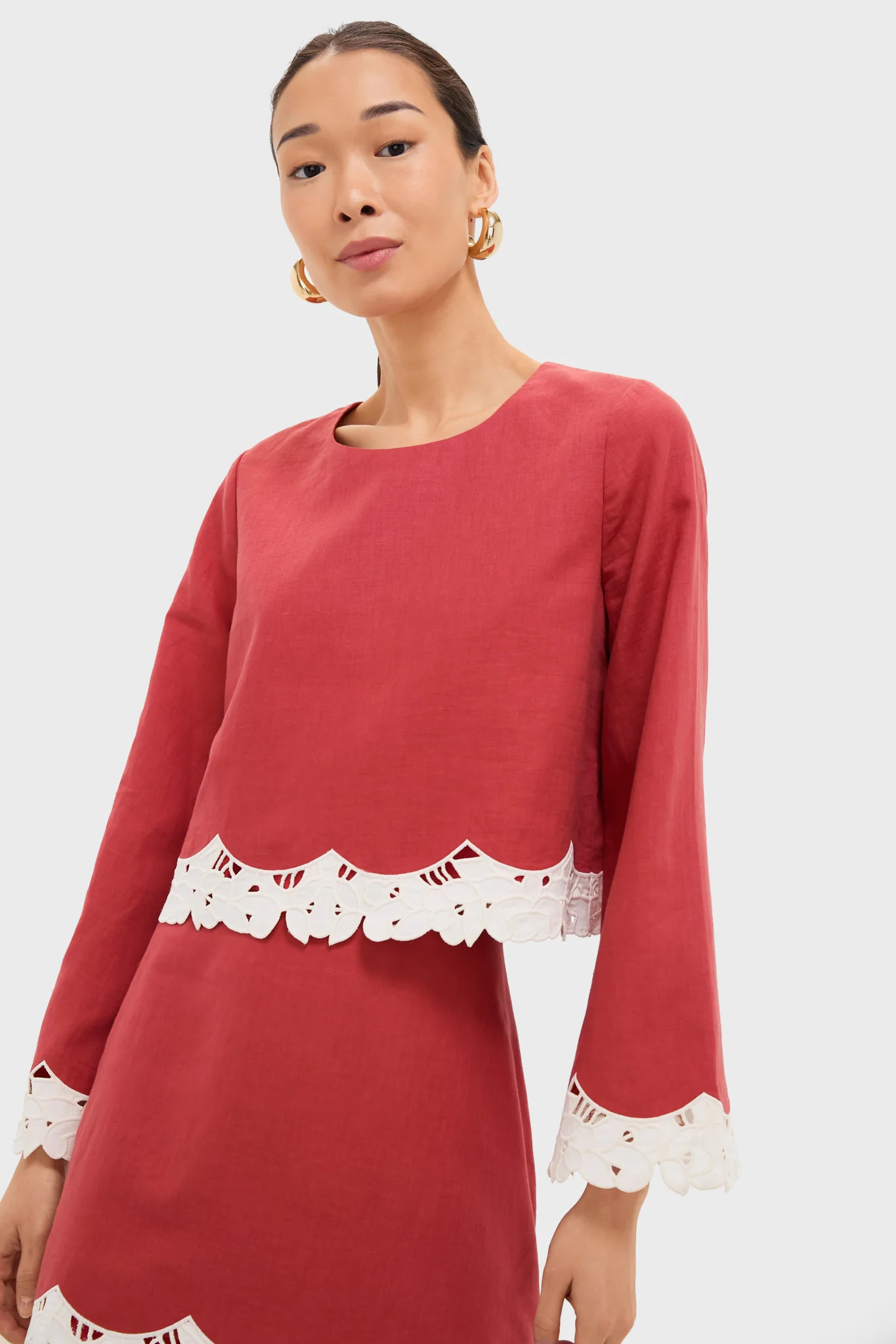 Red Eyelet Trim Cotton Linen Maxine Top | Tuckernuck (US)