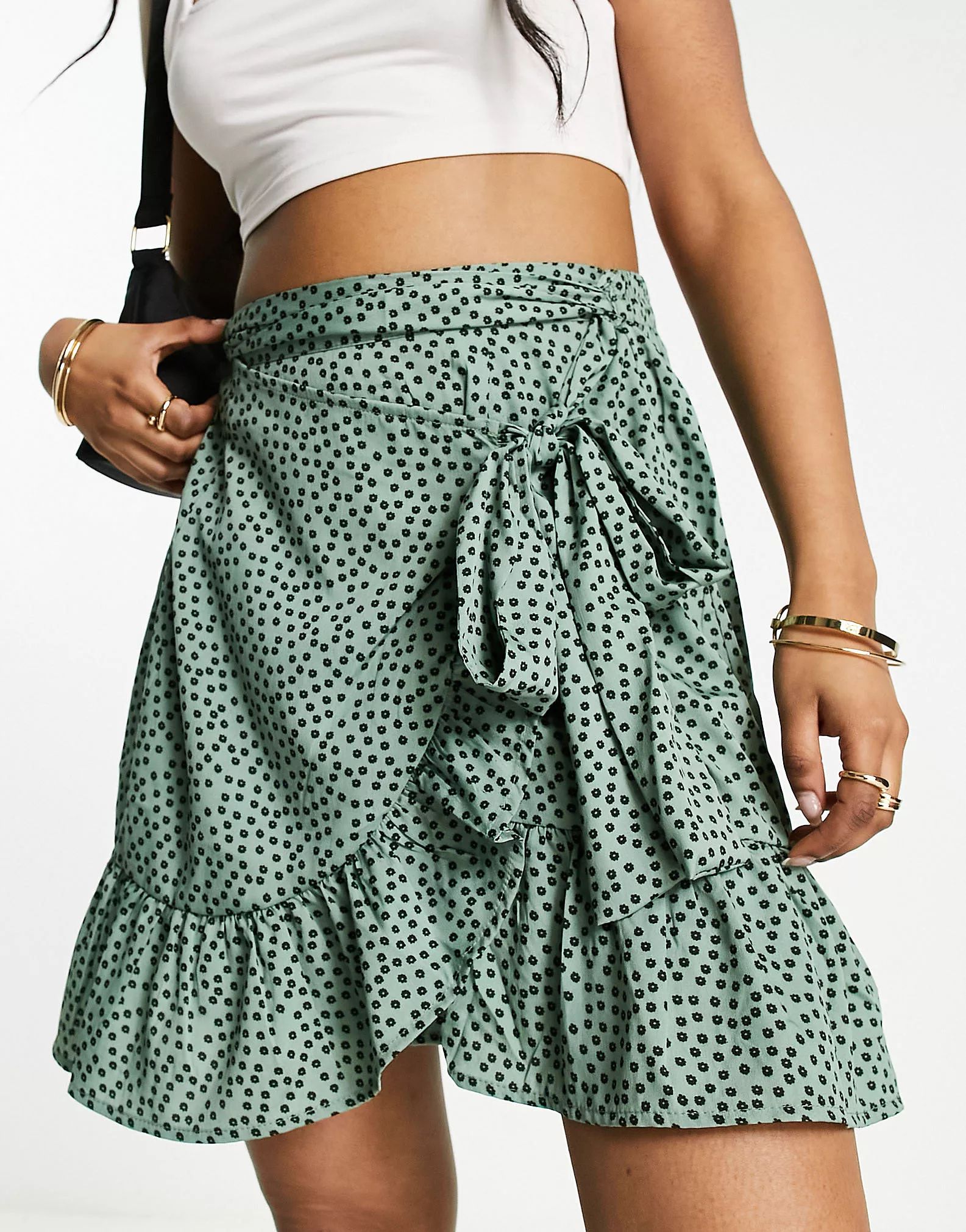 Only ruffle wrap mini skirt in green dot | ASOS (Global)