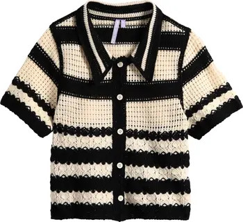 Kids' Stripe Open Stitch Knit Button-Up Top | Nordstrom