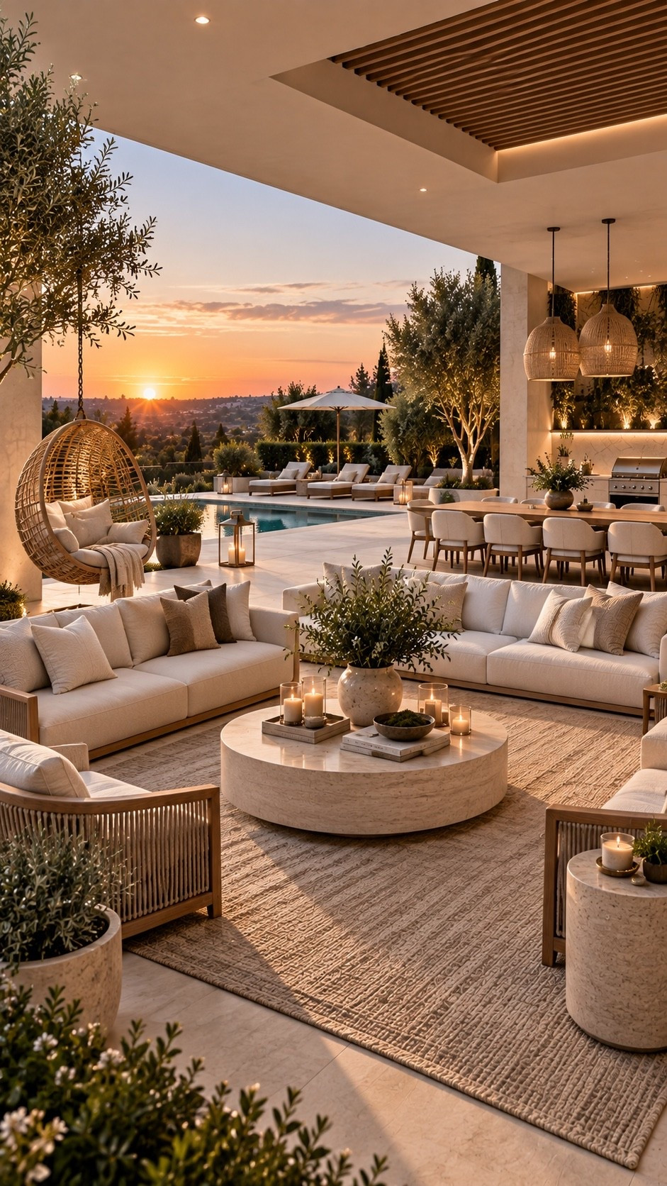 Shop This Outdoor Space — link below. Recreate this warm luxury patio with oversized cream outdoor sofas, woven lounge chairs, a sculptural round coffee table and layered neutral textures. Soft sunset lighting, olive trees, lanterns and natural materials create an elevated Mediterranean-inspired backyard that feels relaxed, elegant and resort-like.

#OutdoorLiving #OutdoorLivingRoom #PatioInspo #LuxuryPatio #BackyardInspo #OutdoorDecor #PatioDecor #OutdoorFurniture #MediterraneanStyle #LuxuryOutdoorLiving #ModernPatio #BackyardDesign #OutdoorOasis #PatioIdeas #OutdoorSpace #LuxuryHome #NeutralDecor #OrganicModern #ResortStyle #SummerHome #LTKHome #LTKFinds #HomeFinds #OutdoorFinds #PatioFurniture