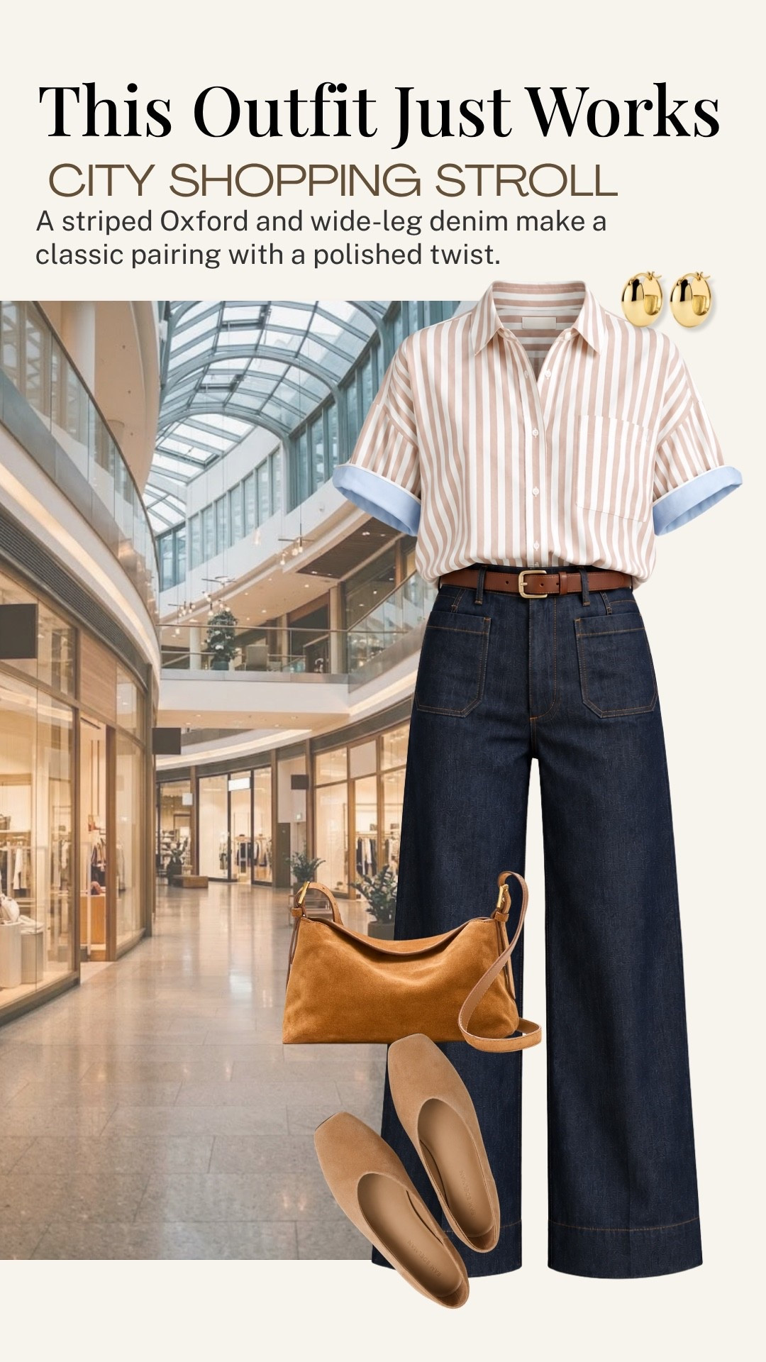 A striped Oxford shirt and dark wide-leg jeans are such a classic pairing, with a polished twist. I love how the warm brown belt and suede accessories bring everything together for an easy city shopping stroll or lunch out.

#LTKootd #LTKdayinmylife #LTKOver40