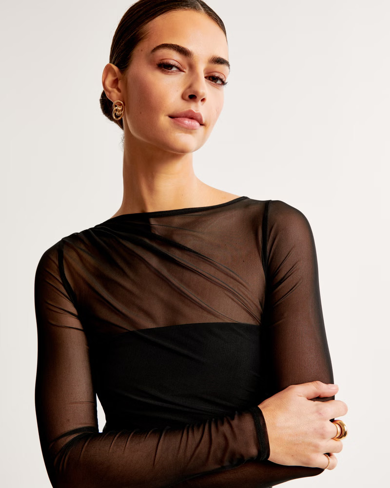 Long-Sleeve Draped Mesh Bodysuit | Abercrombie & Fitch (US)