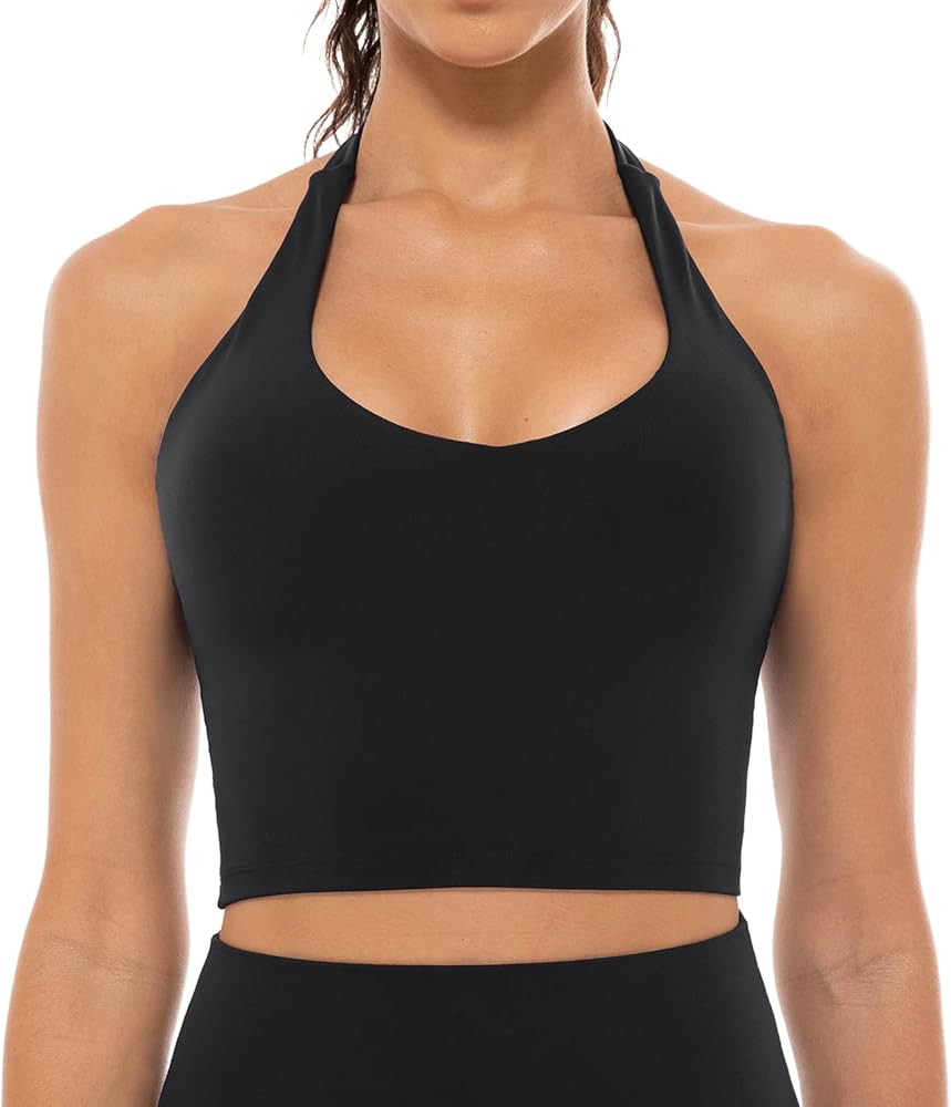 Lavento Women's V-Neck Halter Sports Bra Longline Padded Yoga Crop Bras Top | Amazon (US)