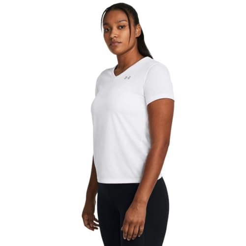 Under Armour Women's Velocity Solid Short Sleeve V Neck T Shirt, (100) White / / Metallic Silver, Large | Amazon (US)