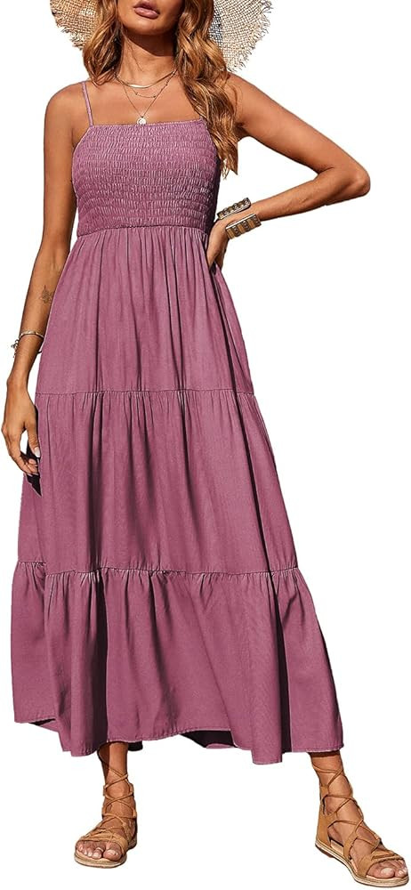 PRETTYGARDEN Women's Summer Maxi Dress Casual Boho Sleeveless Spaghetti Strap Smocked Tiered Long Be | Amazon (US)