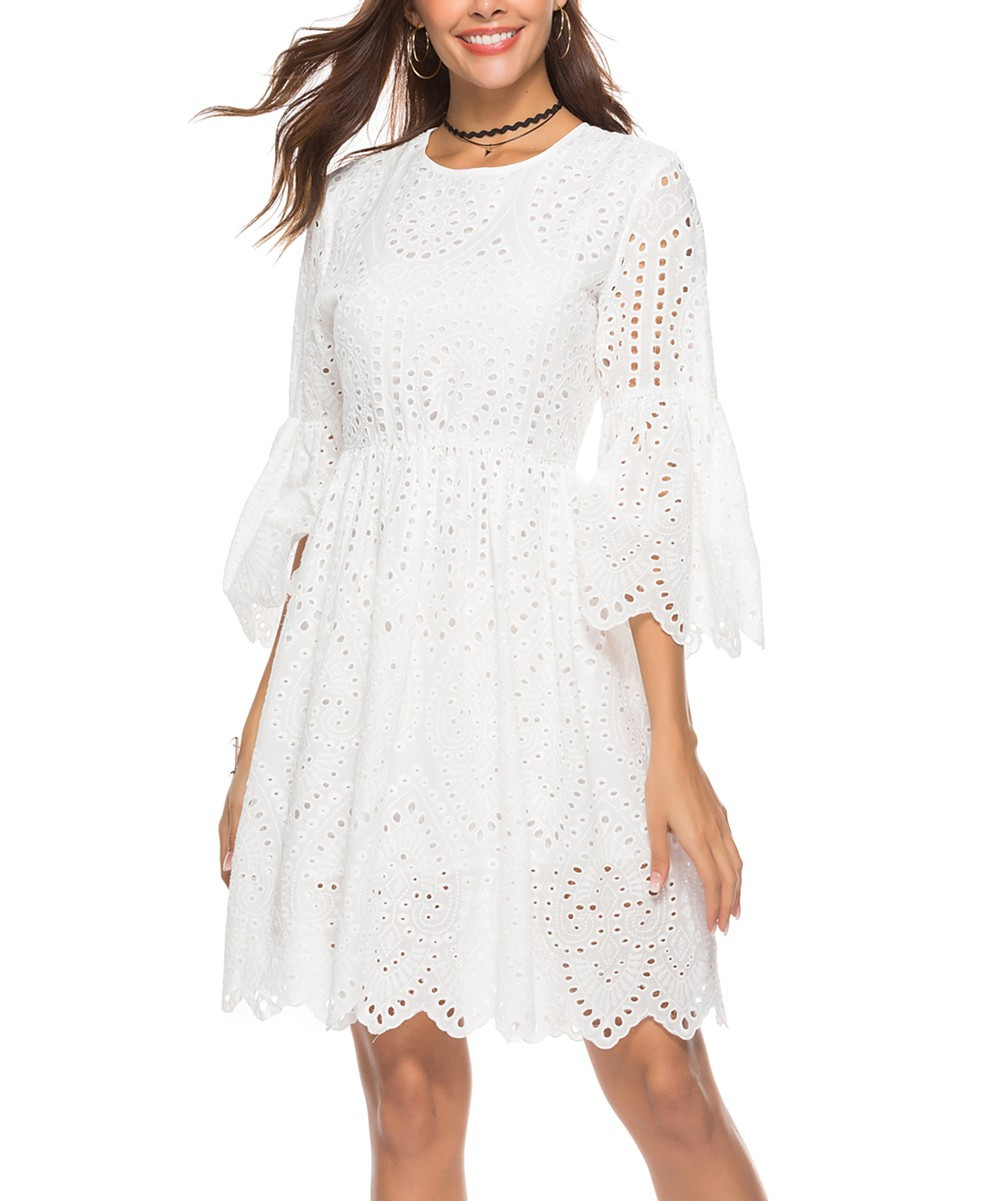 White Eyelet Bell-Sleeve Dress - Women | zulily