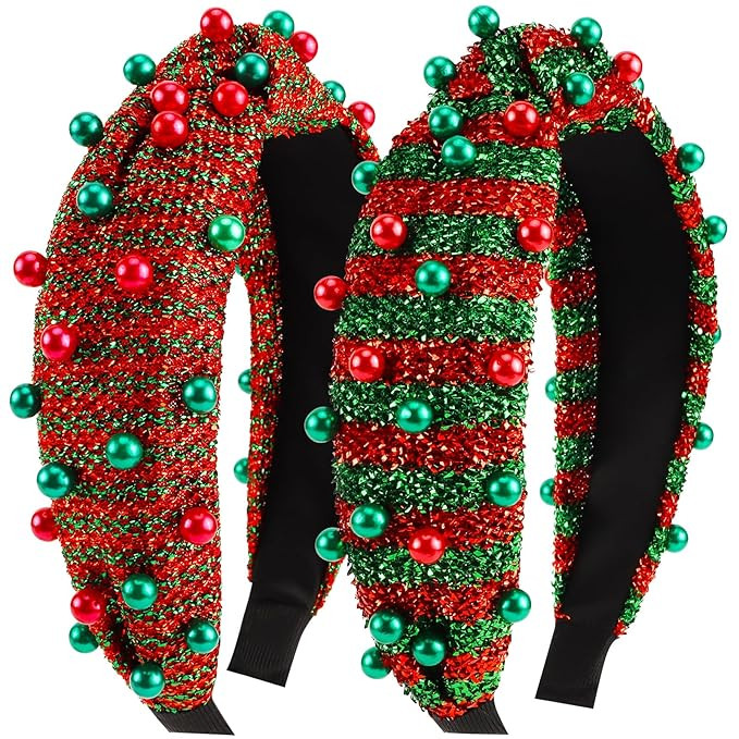 TOBATOBA Christmas Headbands for Women Girls Sparkly Beads Christmas Knotted Headband Sequins Tin... | Amazon (US)