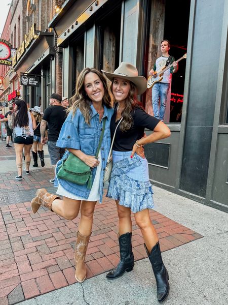 Nashville style. Sister style. Denim style. Denim skirt. Denim shacket. Cowgirl boots. 
Dress XS. Shacket XS. Skirt XS petite

#LTKSeasonal #LTKStyleTip #LTKOver40