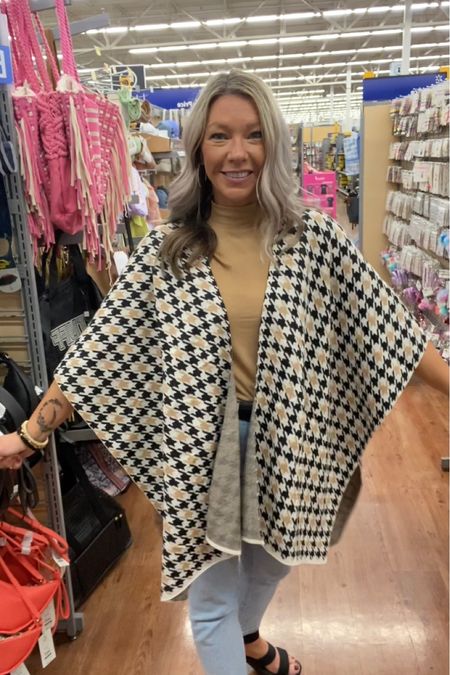 Houndstooth is my favorite fall and winter pattern and this black, tan and ivory print from Walmart Time and Tru Ruana wrap is so classy! When you don’t want a heavy coat, these are great for shopping trips! One size fits all/most  

#LTKstyletip #LTKunder50 #LTKSeasonal