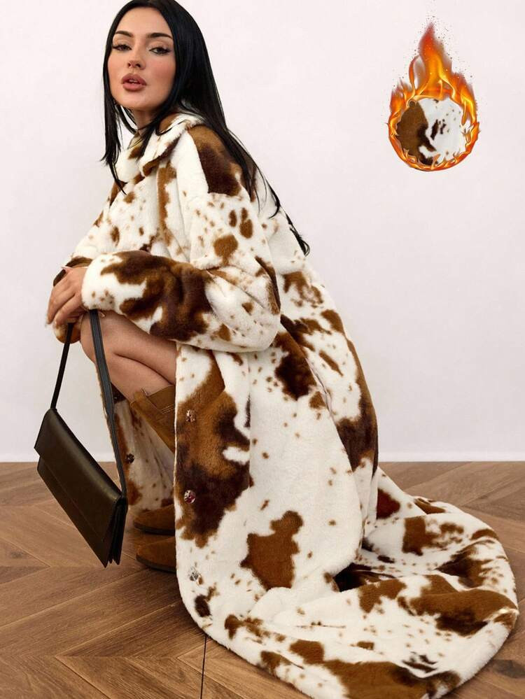 SHEIN Tall Women's Fashionable Vintage Colorblock Cow Print Plush Faux Fur Long Warm Winter Coat Cow Print Coat,Party Outfits Fall/Winter | SHEIN